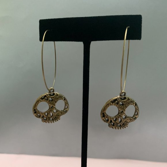 SpookySkull Halloween Antique Bronze Hoop Earrings - Picture 5 of 8